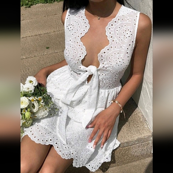 Women's Sleeveless Tie Front Cutout Embroidered Eyelet Dress,Tea Party Dress - Picture 1 of 4